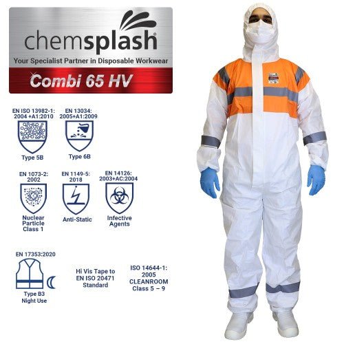 Chemsplash Combi 65 HV Coverall - Type 5B/6B - White/Orange (Case of 25 units) | Northyard Safety