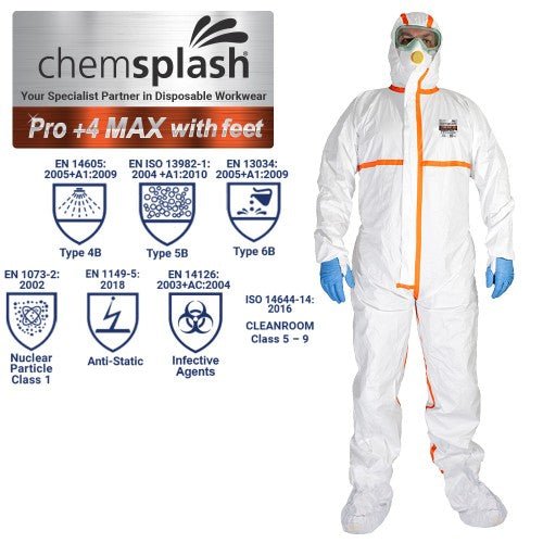 Chemsplash Pro +4 Max 65gsm Coverall with Feet Type 4B/5B/6B (Case of 100 units) | Northyard Safety
